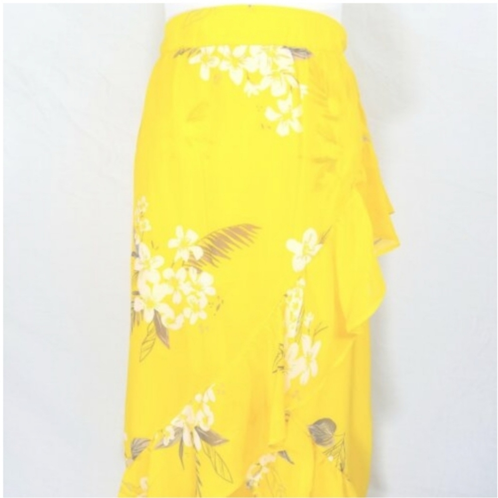 Floral Ruffle Wrap Skirt Large Yellow Hi-Lo Lined